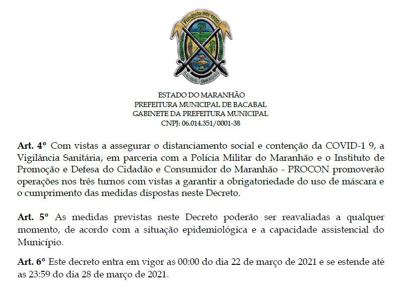 Decreto com restrições é prorrogado até o dia 28 de março em Bacabal Decreto com restrições é prorrogado até o dia 28 de março em Bacabal