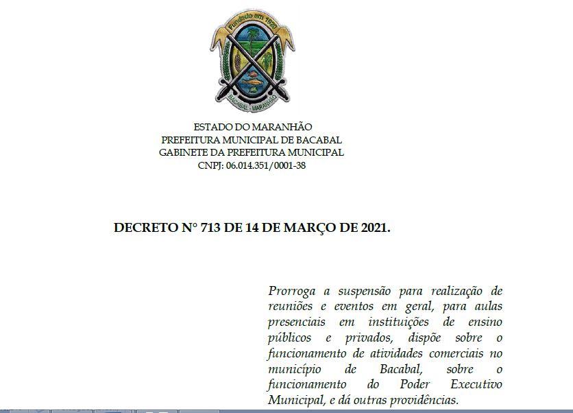 Novo decreto prorroga medidas restritivas em Bacabal