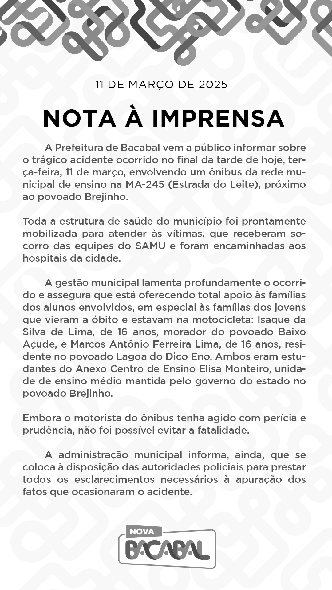 Nota de esclarecimento sobre o trágico acidente ocorrido no final da tarde de hoje.