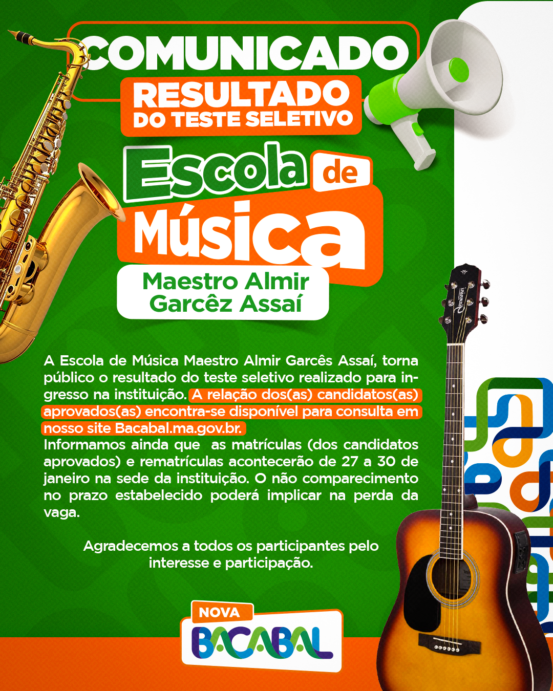 Resultado do teste Seletivo Escola de Música Maestro Almir Garcês Assaí