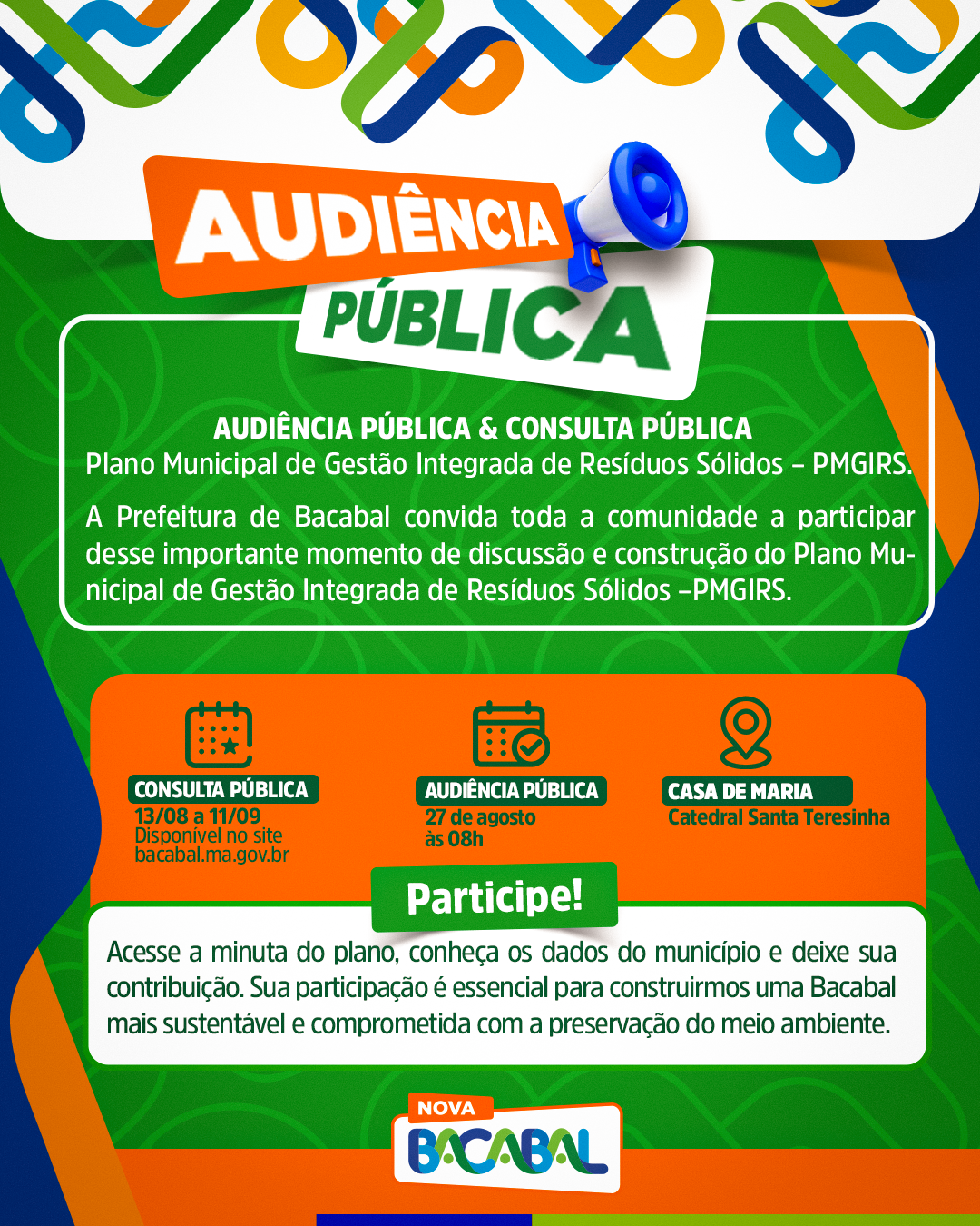 Prefeitura de Bacabal abre Consulta Pública e convoca população para a 1ª Audiência Pública do Plano Municipal de Gestão Integrada de Resíduos Sólidos 