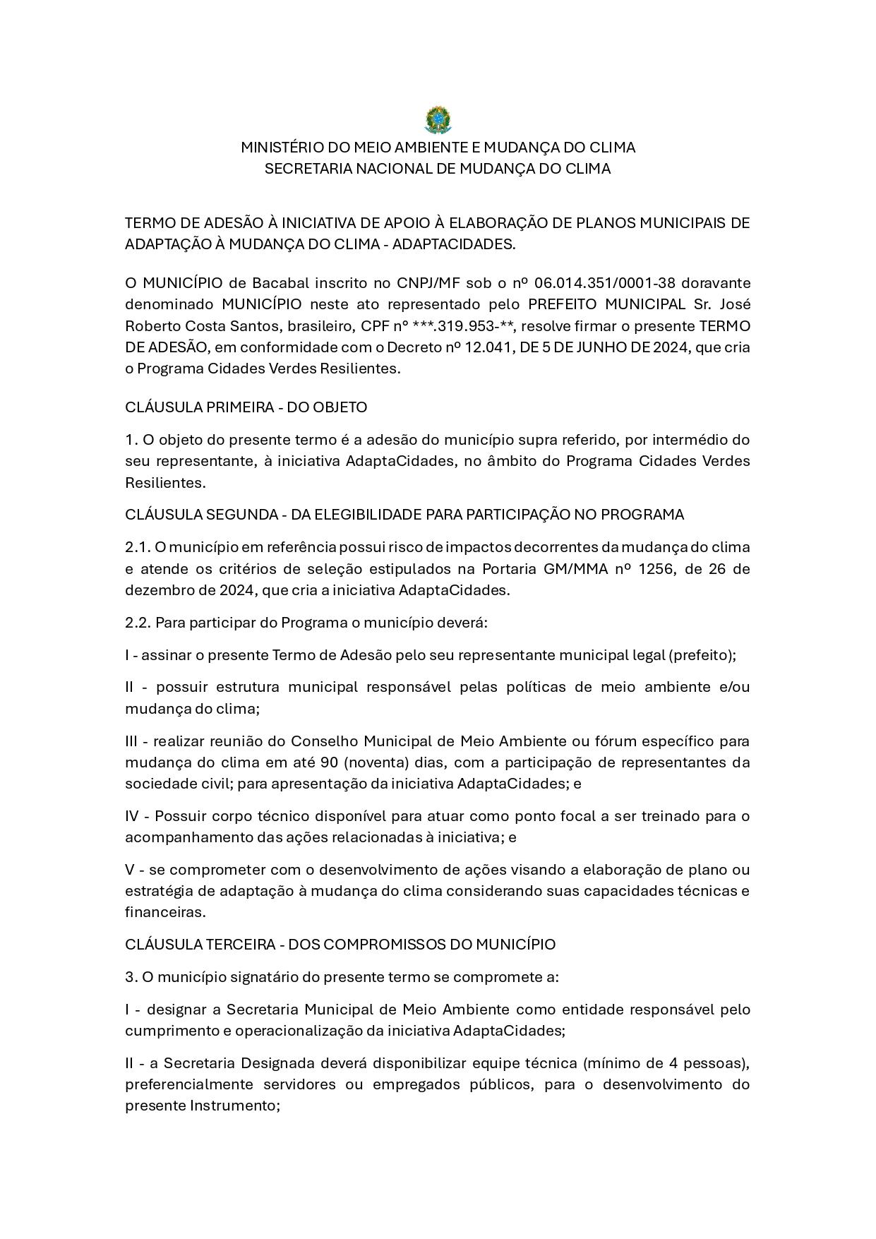 Bacabal firma termo de adesão com o Ministério do Meio Ambiente para desenvolver o Plano Municipal de Adaptação Climática, por meio da iniciativa AdaptaCidades.